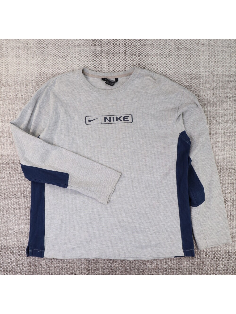 Nike Vintage Ribbed Long Sleeve Shirt Mens Large Grey Blue Swoosh Pullover Tee